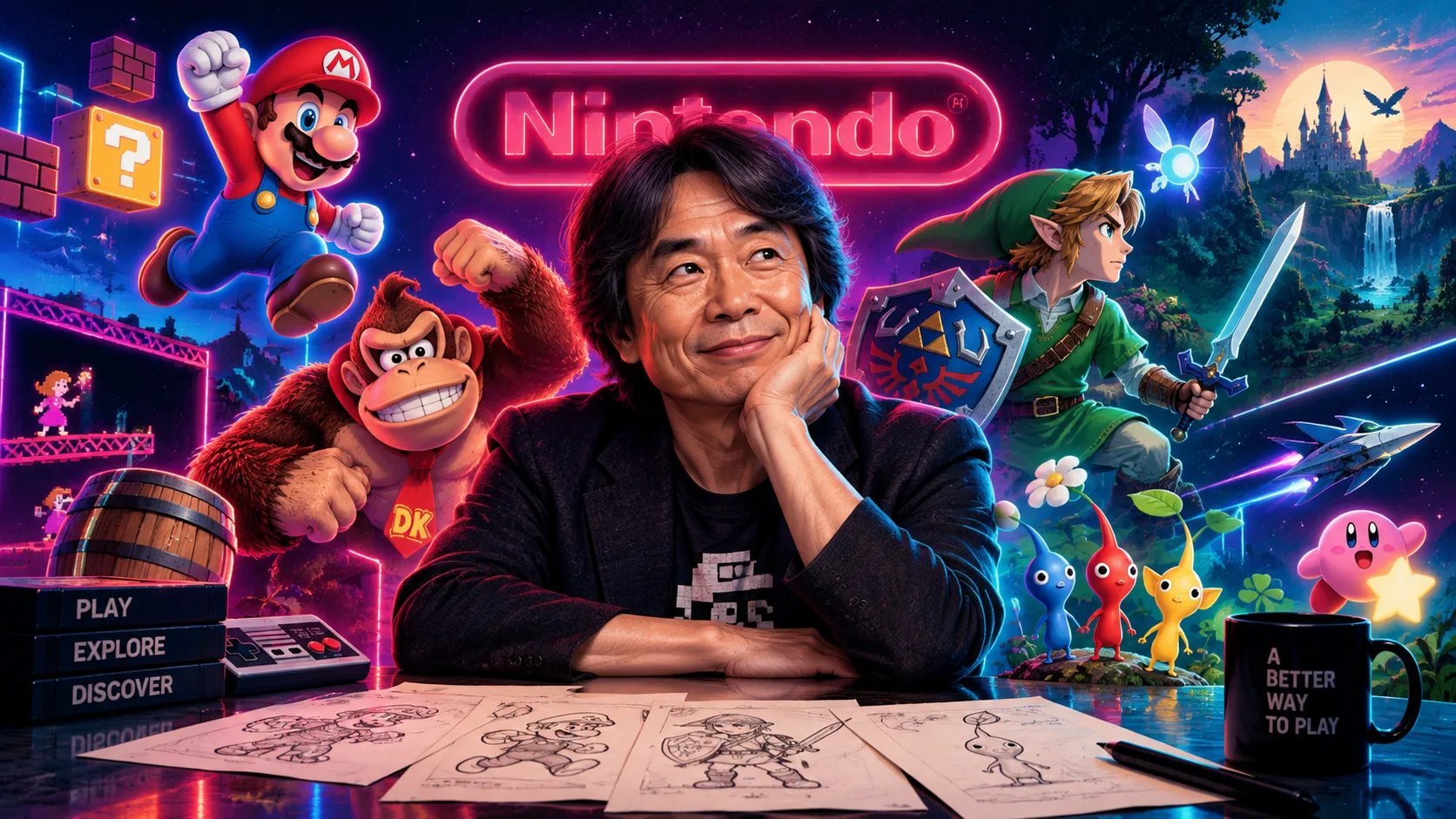 Miyamoto circondato idealmente dalle sue creazioni